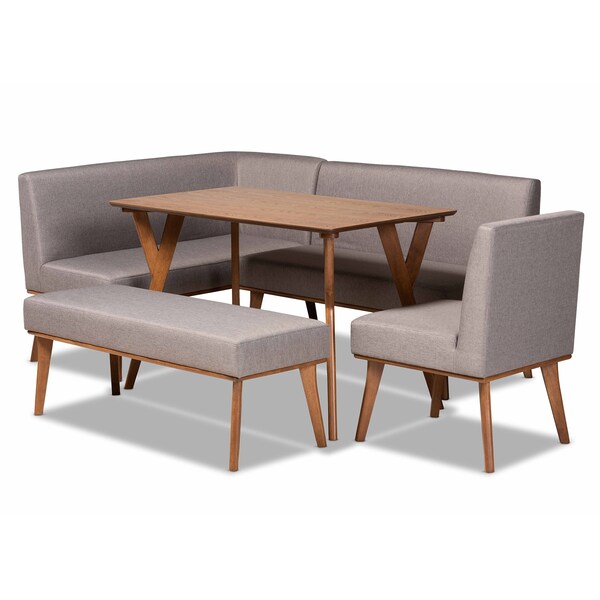 Baxton Studio Odessa Mid-Century Modern Grey Fabric and Walnut Brown Finished Wood 5-Piece Dining Nook Set 175-10843-10842-10980-10840-Zoro - main